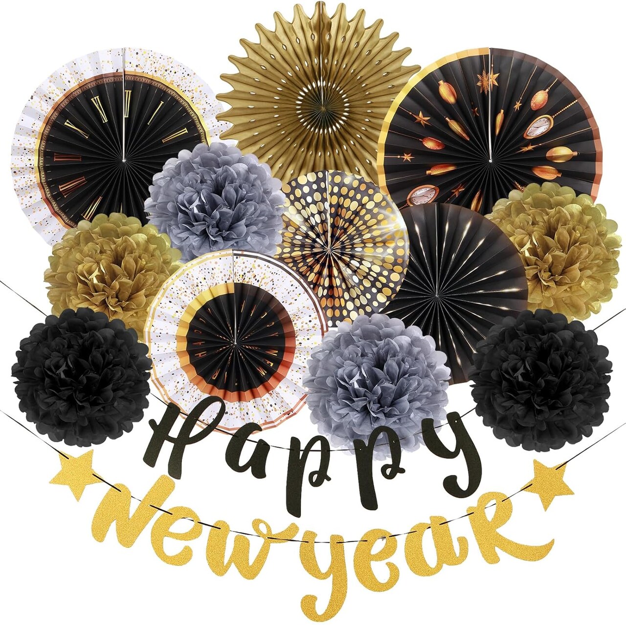 Gold Black Happy New Year Party Decorations with Happy New Year Banner Paper Fans Tissue Pom Poms Decorations New Year Eve Party Supplies 2025